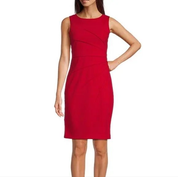 Calvin Klein cherry red ruched sleeveless round neck sheath midi dress - Picture 1 of 7